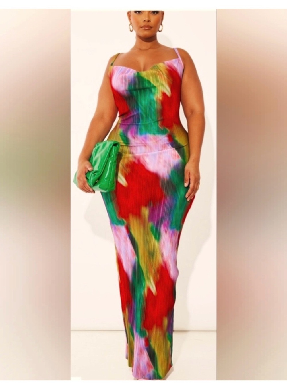 PrettyLittleThing Multicolor Pleated Maxi Dress with Red and Green Accents